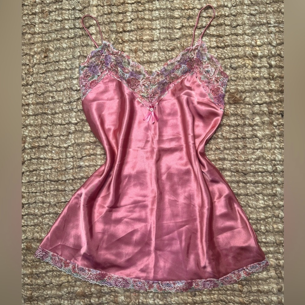 Vintage 80s 90s Undercover Wear Rose Satin Mini Slip with Pearl Bow Floral Lace
